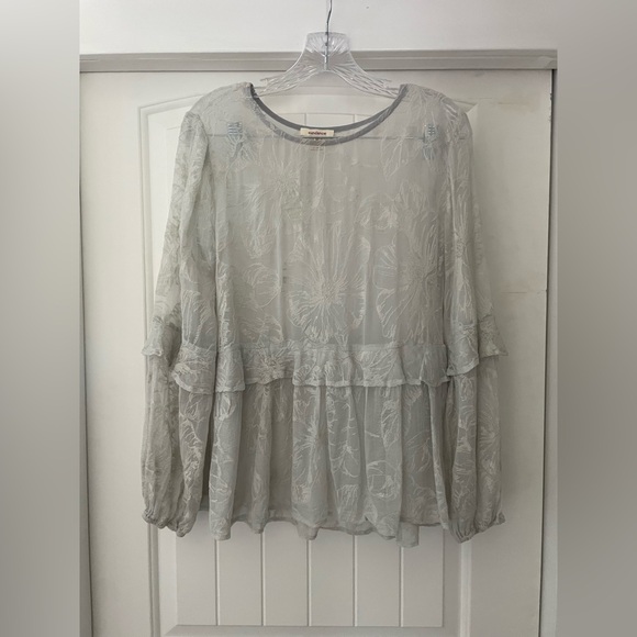 Sundance Sheer 100% Silk Floral Blouse - Light Gray - Picture 1 of 4
